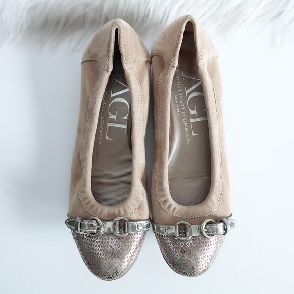 Agl Taupe Grey Suede Cap Toe Buckle Ballet Flats - Picture 1 of 14